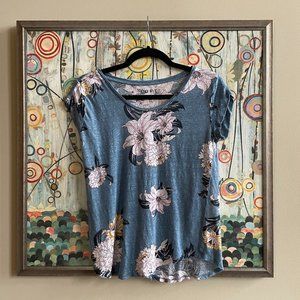 Loft - Blue Pink Flower Print Linen Tee - XS